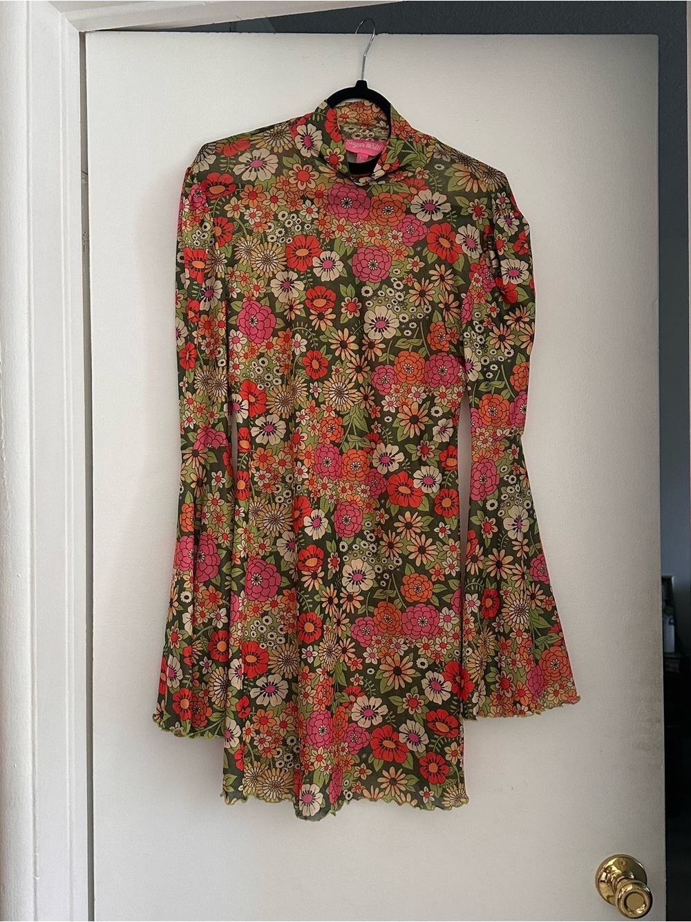 Sugar Thrillz Olive Floral Long Sleeve Mini Dress with Pink and Orange Blooms